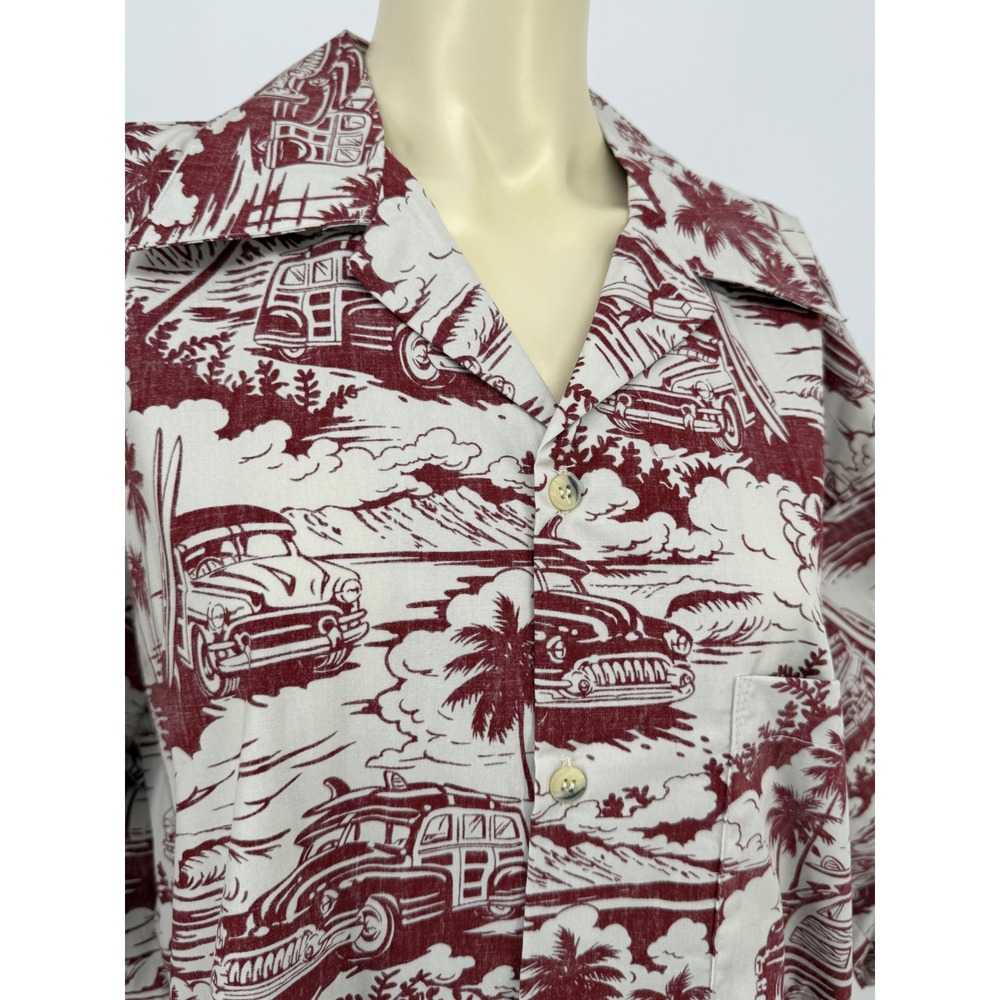 Vintage Go Barefoot Woodie Wagon Surf Mobile Hawaiian Shirt 2XL Tall Burgundy - Picture 5 of 13